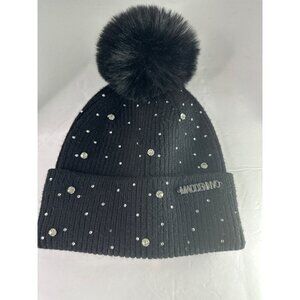 Madden NYC Women’s Beanie Ribbed Fleece Winter Hat Pom Pom Faux Fur Black Y2K